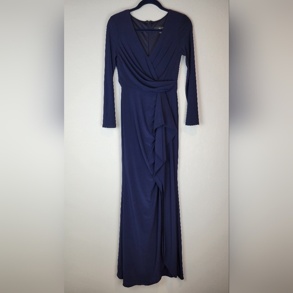 NWT Betsy & Adam Elle Long Sleeve Side Ruffled Slit Gown Navy Sz 4 - Picture 4 of 13